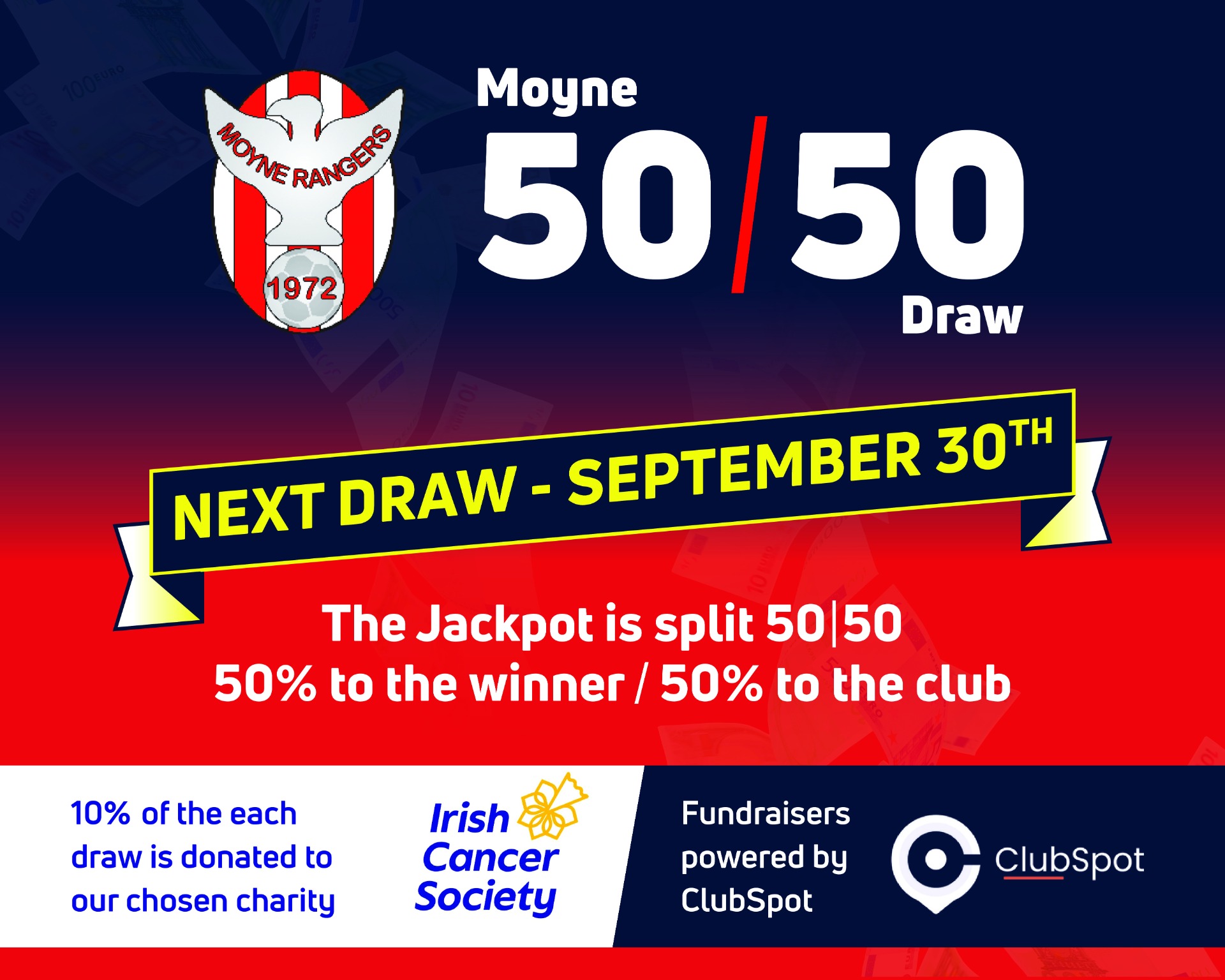 Promotional banner for Moyne 50/50 draw: next draw September 30th, jackpot split 50% winner, 50% club.